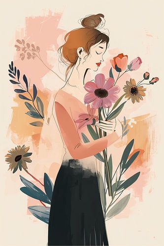 Delicate calm - woman with a bouquet of flowers in pastel colours