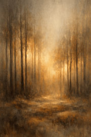 Golden Forest Light – Paysage forestier abstrait et plein de charme, dans des tons chauds et terreux