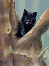 Black cat in a tree by Marijke Doppenberg