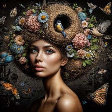 Vrouw met een vogelnest op haar hoofd van Dennisart Fotografie