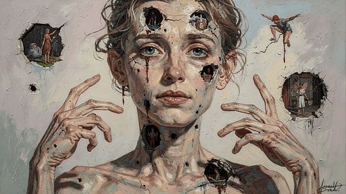 Surrealistische holle gezichten – Neo-expressionistisch olieverfportret met verborgen werelden