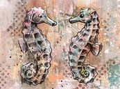Twee kleurige zeepaardjes - kunstwerk in mixed media - ondwerwater en maritiem van Emiel de Lange thumbnail