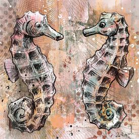 Twee kleurige zeepaardjes - kunstwerk in mixed media - ondwerwater en maritiem van Emiel de Lange