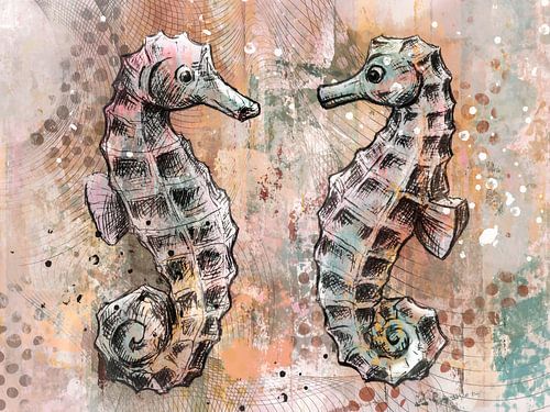 Twee kleurige zeepaardjes - kunstwerk in mixed media - ondwerwater en maritiem