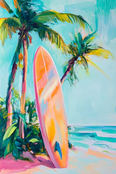 Strandgevoel met surfplank en palmbomen van Poster Art Shop