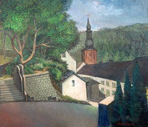Ansicht der Kirche von Burg-Reuland (Provinz Lüttich - Belgien) - Öl auf Leinwand