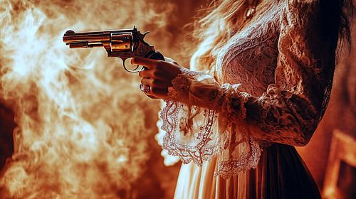 Steampunk woman in elegant robe with revolver