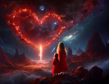 Twee jonge meisjes in het rood kijkend naar de nachtelijke hemel van Eye on You