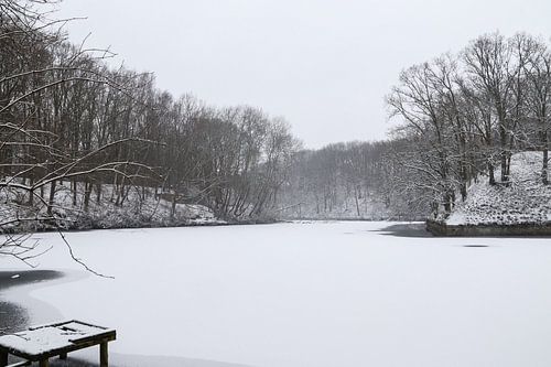 Bevroren meer met laagje sneeuw