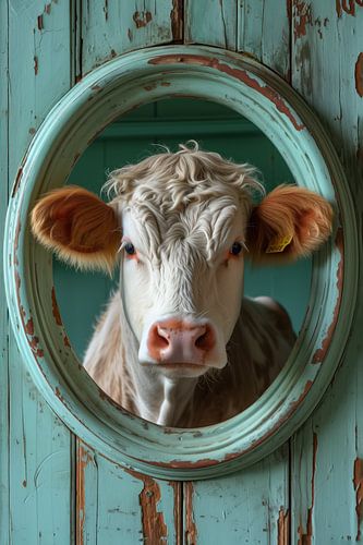 Neugieriges Kalb in türkisfarbener Tür von Marianne Ottemann - OTTI