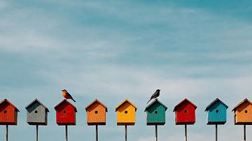 Kleurrijk rijtje vogelhuisjes op zomerdag