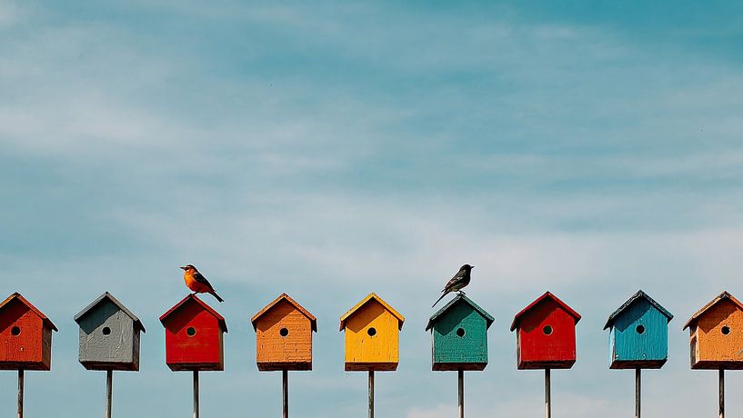 Colourful row of birdhouses on summer day by Vlindertuin-Art