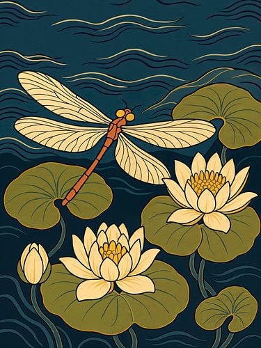 Dragonfly above water lilies (pond, graphic, sleek, graceful, Japanese art, dark blue, water)