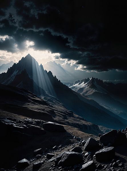 Berggipfel Sonnenlicht und dunkle Wolken von Markus Gann