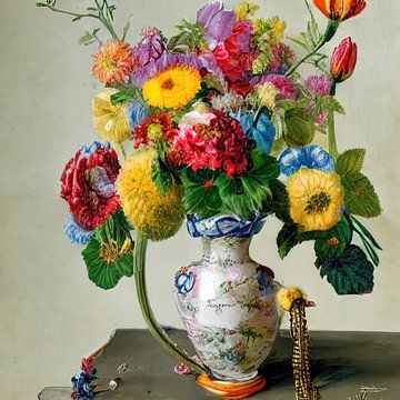 oude vaas met een bos bloemen van Gelissen Artworks
