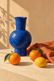 Modern still life with a blue vase and citrus fruit by AiArtLand