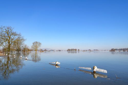 Glace sur les clôtures de la rivière IJssel pendant une froide matinée d'hiver.