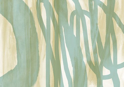 Abstracte lijnen in lichtgroen, beige en wit.