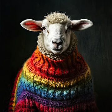 Kleurrijk Portret van een Schaap in Regenboogtrui van Vlindertuin Art