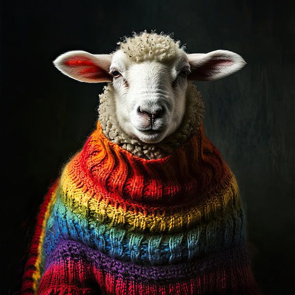 Colourful Portrait of a Sheep in Rainbow Sweater by Vlindertuin-Art