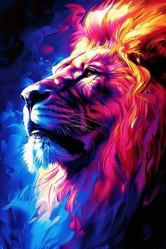 Abstract schilderij van een kleurrijke leeuw