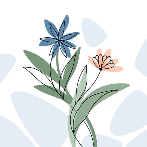 Flowers blue and coral - modern elegant illustration