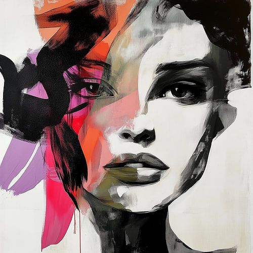 Fractured ; portrait d'une femme en noir et blanc avec de beaux détails violets, rouges et orange, abstrait moderne
