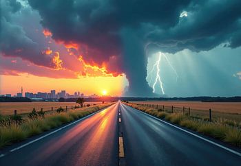 Straße zum Sonnenuntergang und Gewitter