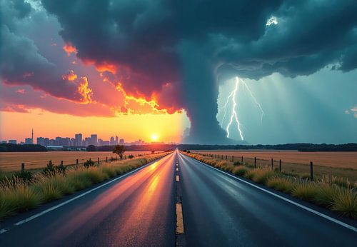 Weg naar zonsondergang en onweer