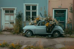 Klassischer Oldtimer in pastellfarbener Dekoration