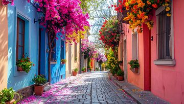 Bunte Häuser mit Blumen