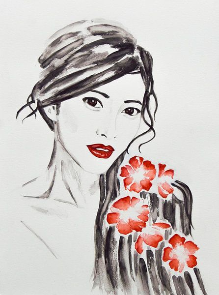 Portret in zwart wit van een Japanse vrouw met rode kersenbloesem  van Bianca ter Riet