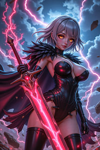 Dark Fantasy Anime Cyberpunk Wall Art: THYRAZELLE – Sexy Anime Warrior Girl with Her Magical Sword