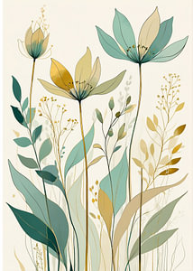 Illustration eleganter Blumen in Pastelltönen mit minimalistischen Blättern