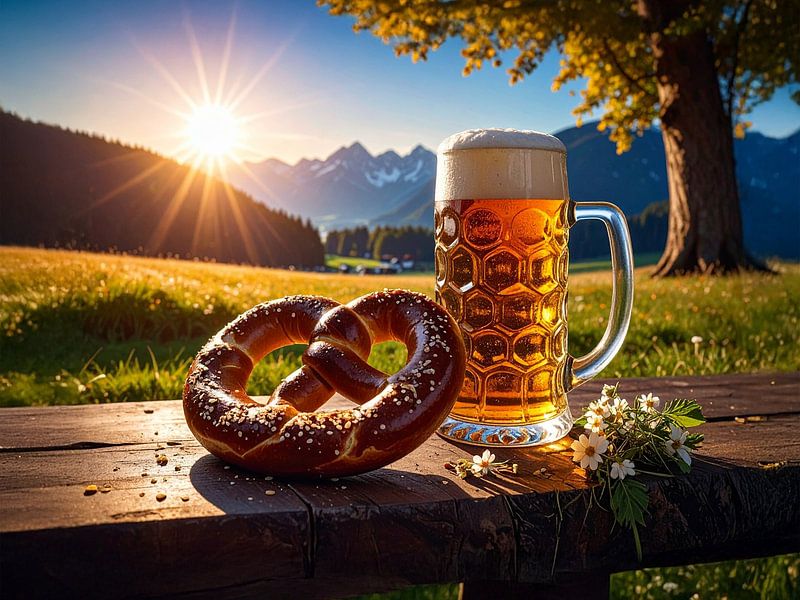 idylle op de alm met Oktoberfest bier en pretzels , van Christina Bauer Photos