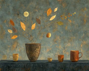 bloemen stilleven | Muted Teal Vase Lineup van Blikvanger Schilderijen