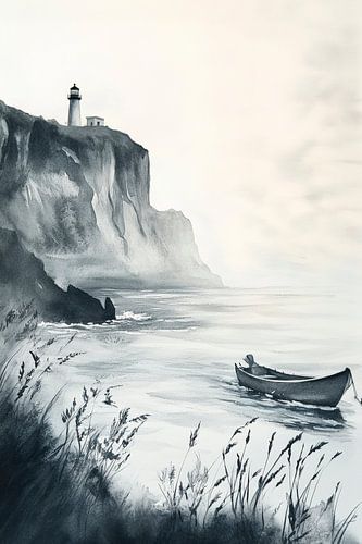Vuurtoren op de zee van mist met boot