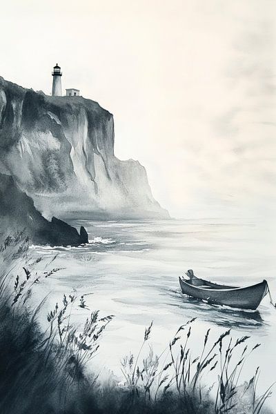 Lighthouse on the sea of fog with boat by Poster Art Shop