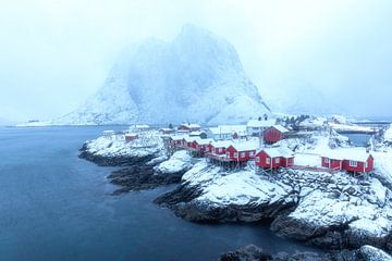 De rode hutten van Hamnøy in de sneeuw van Tilo Grellmann | Photography
