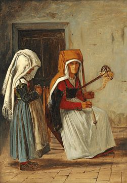 Martinus Rørbye, Domestic scene in Cervara. A woman with a staff and a little girl tying a loop, 1836