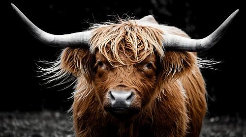Wanddecoratie met portret van een Schotse hooglandkoe, sfeervolle dierenfotografie