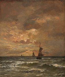 Ondergaande zon met woelige zee, Hendrik Willem Mesdag