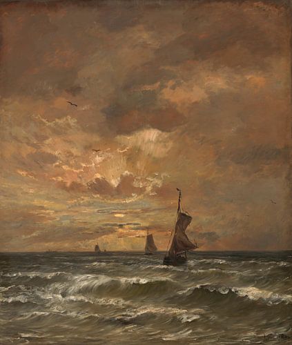 Ondergaande zon met woelige zee, Hendrik Willem Mesdag