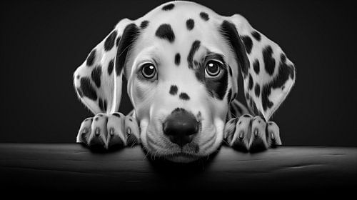Portret van een Dalmatiër puppy, zwart-wit foto met zwarte achtergrond