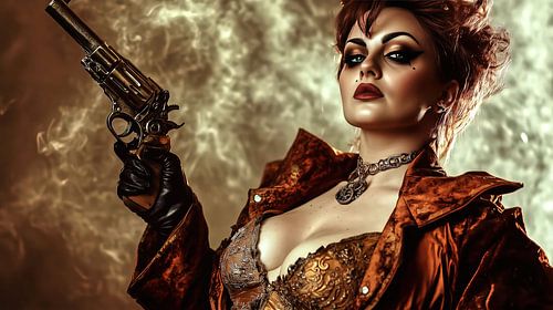 Steampunk vrouw met revolver en rokerige achtergrond