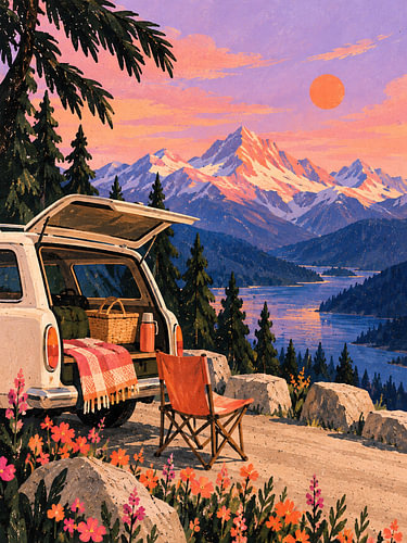 Camping by a mountain lake – sunset in the Alps