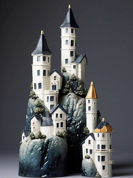 Paysage miniature en porcelaine blanc noir gris bleu or Maisons Arbres par gm_designs
