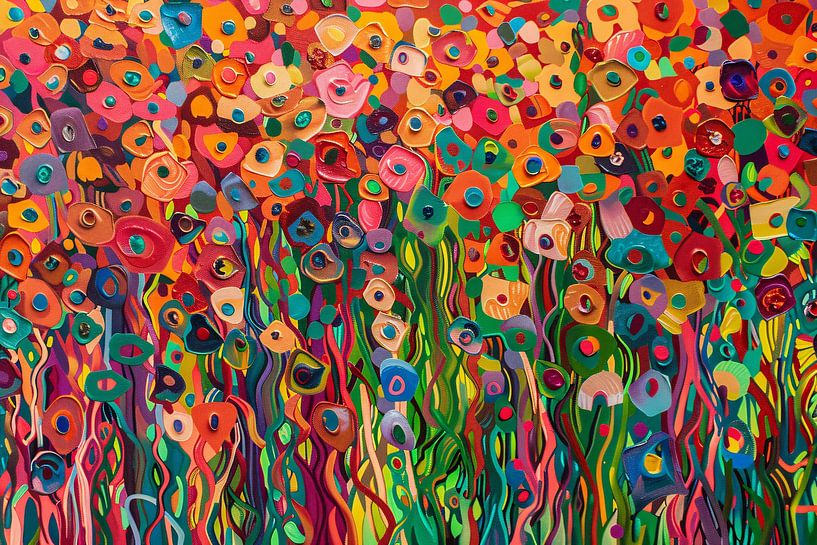 Abstract colourful flower field painting by Art & Soul Creations