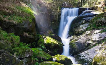 Mistige mystieke sfeer bij een prachtige waterval in het bos van adventure-photos