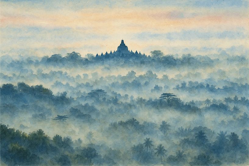 Misty Sunrise Over Borobudur – Watercolor Landscape of Indonesia’s Timeless Wonder by Jaladri Atelier